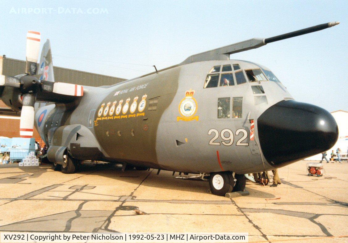 XV292, 1967 Lockheed C-130K Hercules C.1 C/N 382-4257, 25 years of Hercules operations were marked on this Lyneham Transport Wing Hercules C.1 in the static park at the 1992 Mildenhall Air Fete, complete with badges of the operating Squadrons.