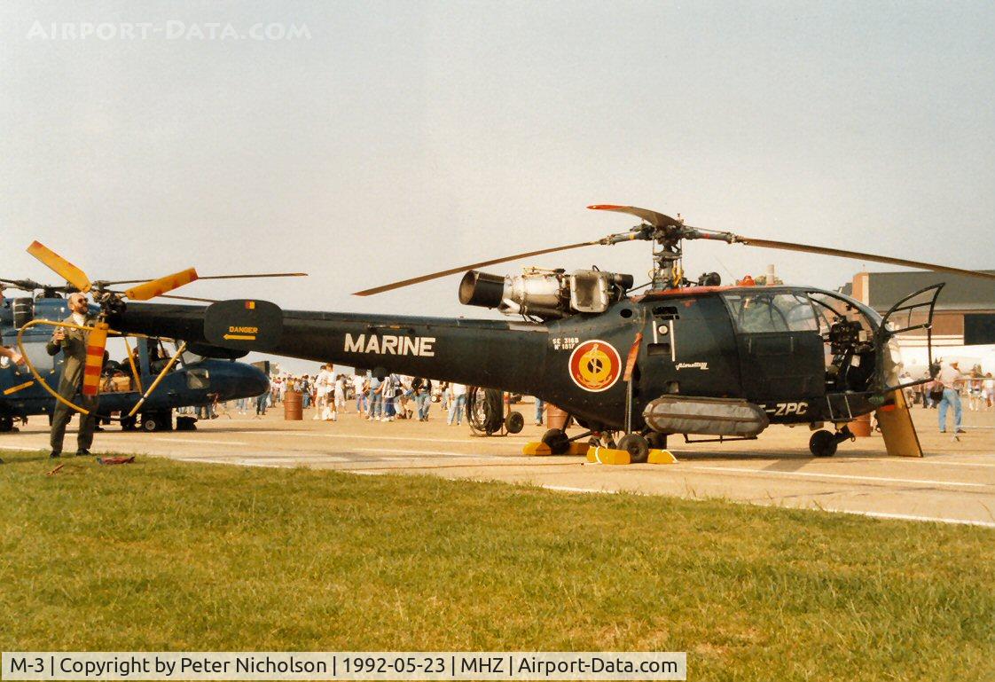M-3, Aérospatiale SA-316B Alouette III C/N 1817, Alouette III of the Belgian Navy with radio callsign OT-ZPC in the static park at the 1992 Mildenhall Air Fete.