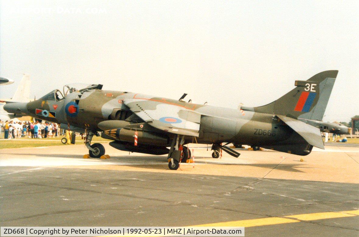 ZD668, 1986 Hawker Siddeley Harrier GR.3 C/N 712229, Harrier GR.3 of 233 Operational Conversion Unit at RAF Wittering on display at the 1992 Mildenhall Air Fete.