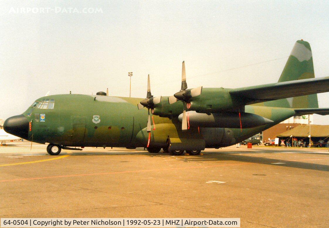 64-0504, 1964 Lockheed C-130E Hercules C/N 382-3988, C-130E Hercules from the 317th Airlift Wing at Pope AFB on deployment to Mildenhall on display at the 1992 Mildenhall Air Fete.