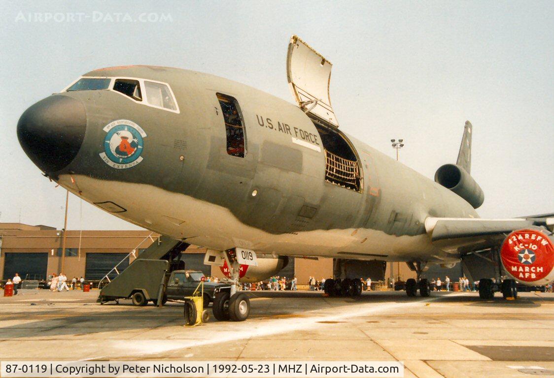 87-0119, 1987 McDonnell Douglas KC-10A Extender C/N 48305, KC-10A Extender of 6th Air Refuelling Squadron/22nd Air Refuelling Wing in the static park at the 1992 Mildenhall Air Fete.