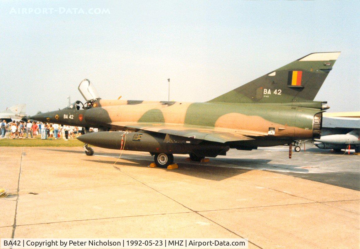 BA42, SABCA Mirage 5BA C/N 42, Mirage 5BA of 42 Squadron Belgian Air Force in the static park at the 1992 Mildenhall Air Fete.