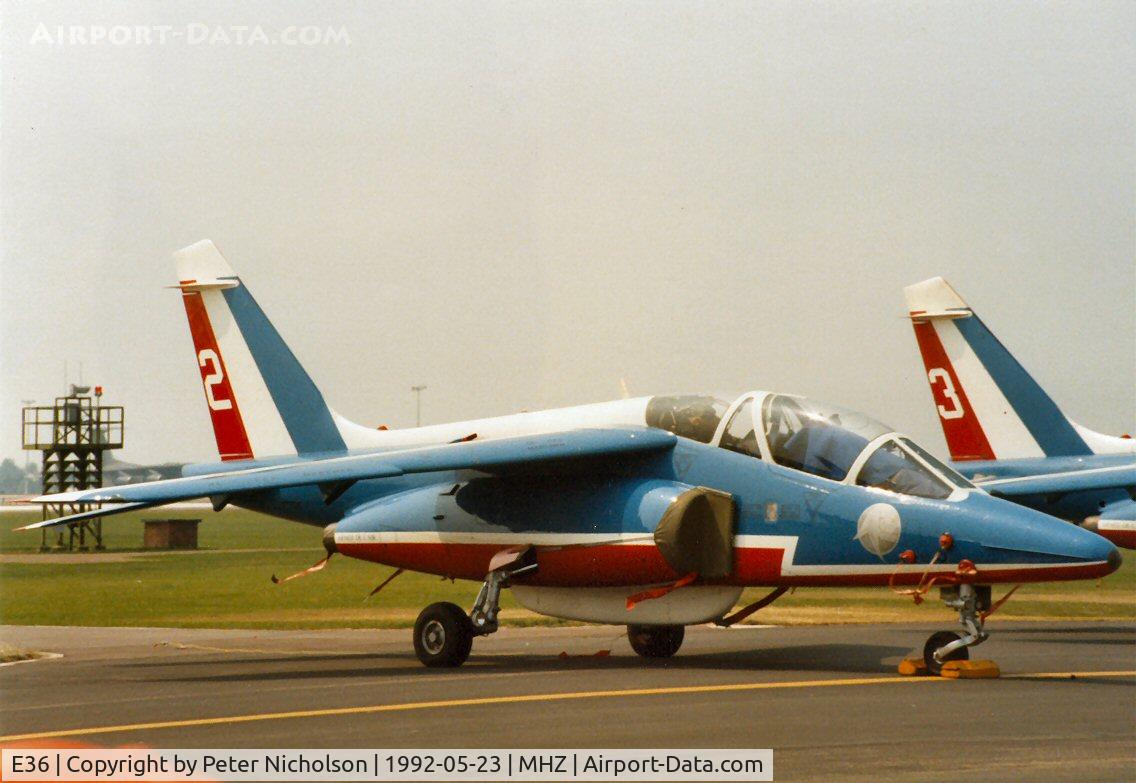 E36, Dassault-Dornier Alpha Jet E C/N E36, Alpha Jet regn F-TERC of the Patrouille de France display team on the flight-line at the 1992 Mildenhall Air Fete.