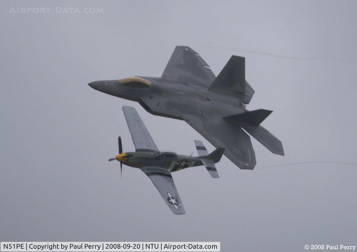N51PE, North American F-51D Mustang C/N 45-11586, Leading the Raptor in the Heritage Pass