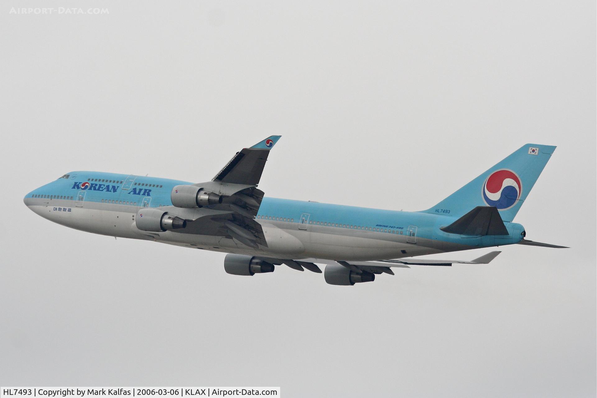 HL7493, 1995 Boeing 747-4B5 C/N 26398, Korean Airlines Boeing 747-4B5, 25R departure KLAX.