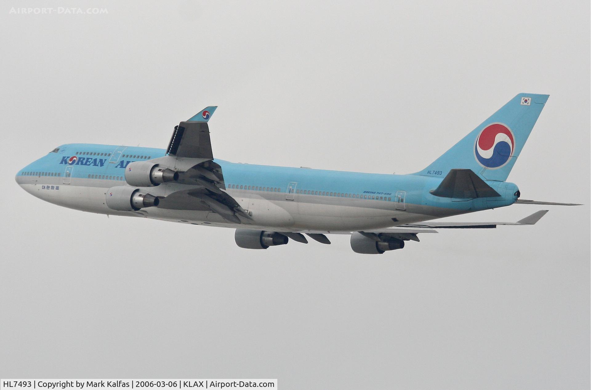 HL7493, 1995 Boeing 747-4B5 C/N 26398, Korean Airlines Boeing 747-4B5, 25R departure KLAX.