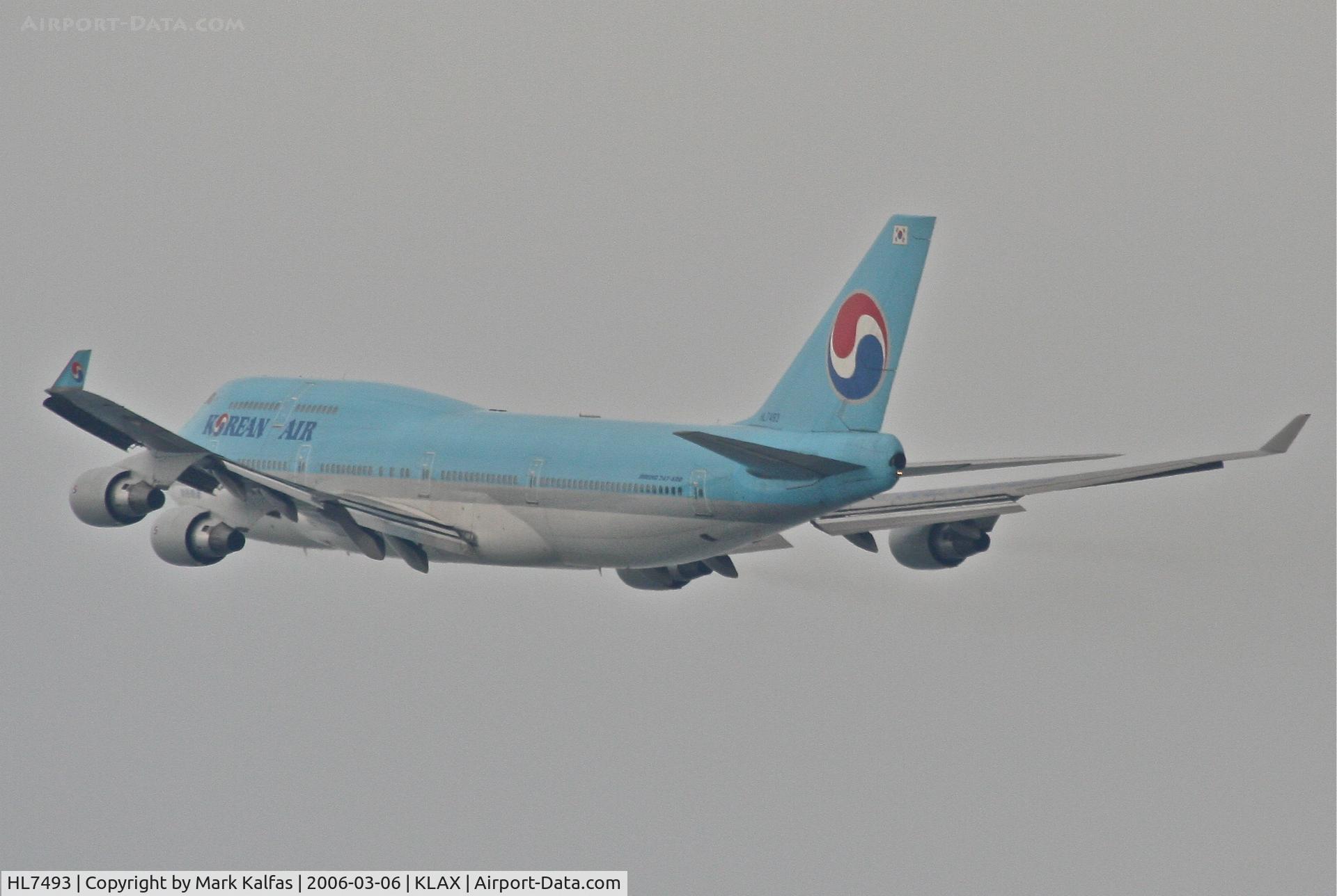 HL7493, 1995 Boeing 747-4B5 C/N 26398, Korean Airlines Boeing 747-4B5, 25R departure KLAX.