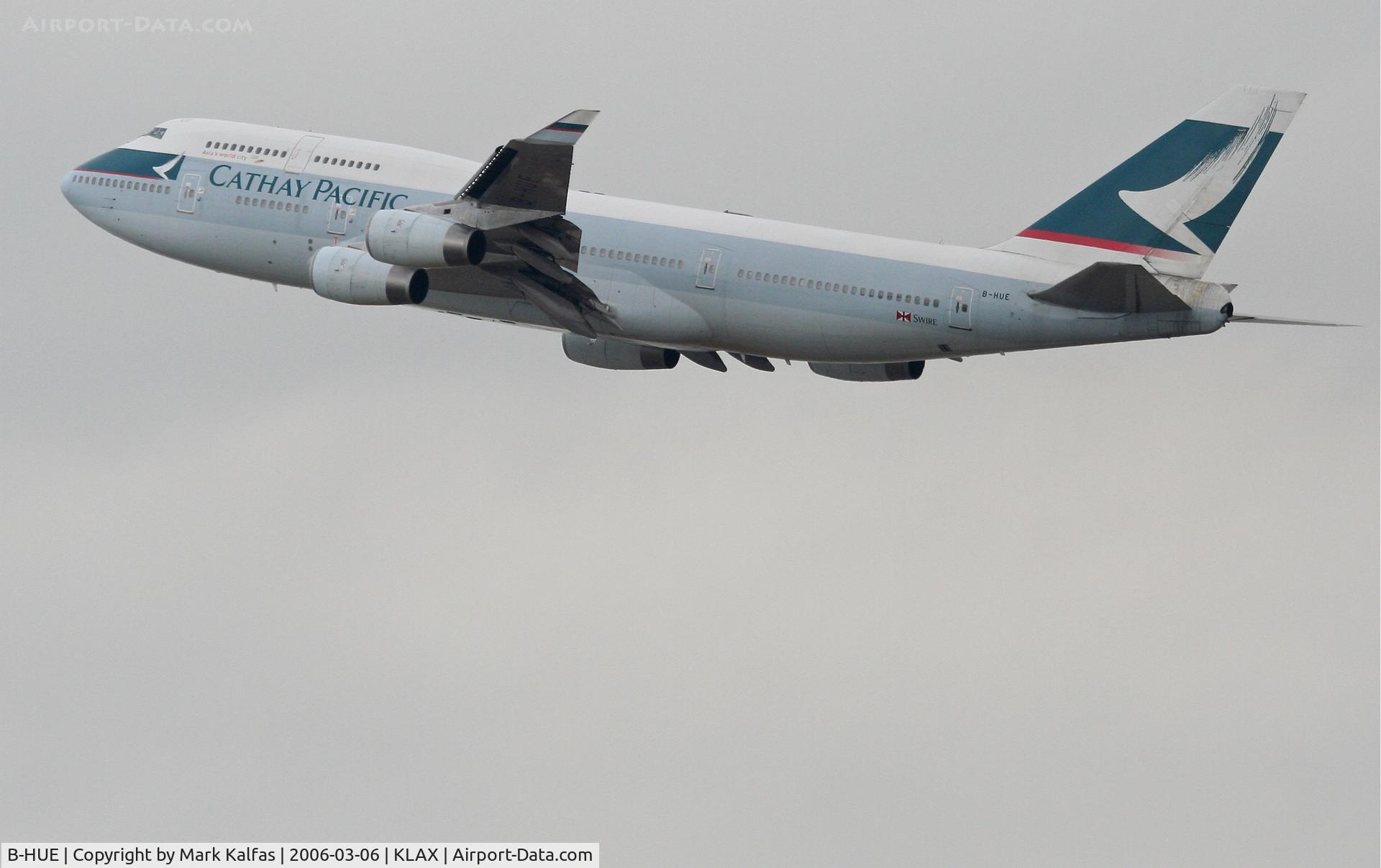 B-HUE, 1993 Boeing 747-467 C/N 27117, Cathay Pacific Boeing 747-467, 25R departure KLAX.
