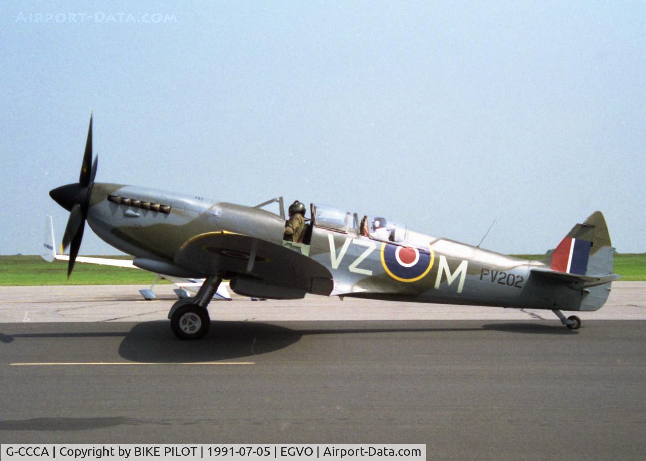 G-CCCA, 1944 Supermarine 509 Spitfire TR.IXc C/N CBAF.9590, 33 Sqn. Families Day (Crete Day)RAF Odiham 1991-07-05. PV202 served with 33 Sq. The aircraft also served with 412 Canadian Sqn. who's codes it wears.