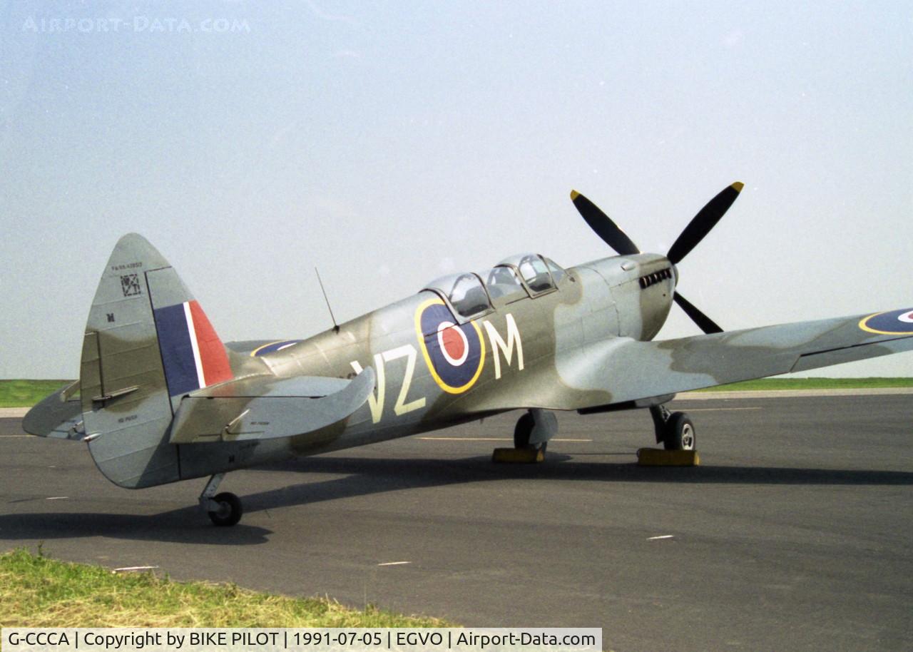 G-CCCA, 1944 Supermarine 509 Spitfire TR.IXc C/N CBAF.9590, 33 Sqn. Families Day (Crete Day)RAF Odiham 1991-07-05. PV202 served with 33 Sq. The aircraft also served with 412 Canadian Sqn. who's codes it wears.