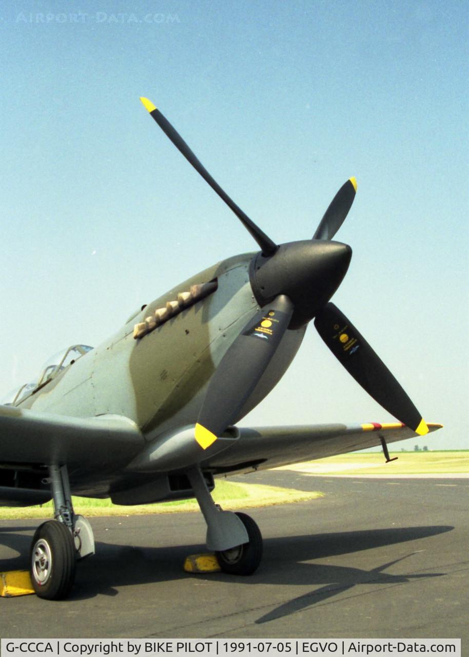 G-CCCA, 1944 Supermarine 509 Spitfire TR.IXc C/N CBAF.9590, 33 Sqn. Families Day (Crete Day)RAF Odiham 1991-07-05. PV202 served with 33 Sq. The aircraft also served with 412 Canadian Sqn. who's codes it wears.