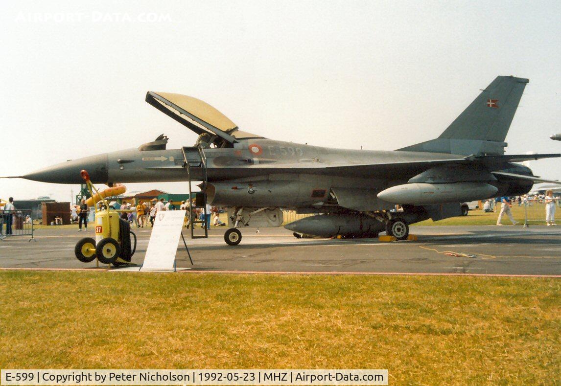 E-599, 1980 SABCA F-16AM Fighting Falcon C/N 6F-34, F-16A Falcon of Esk 730 Royal Danish Air Force on display at the 1992 Mildenhall Air Fete.