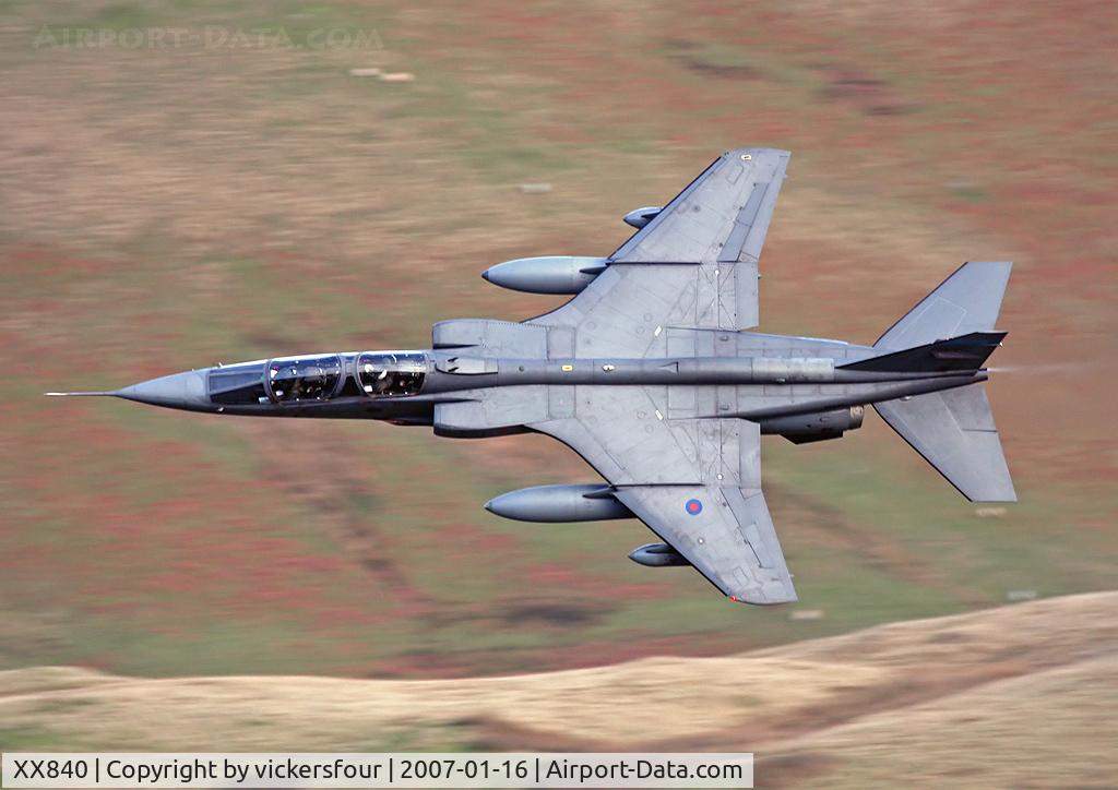 XX840, 1975 Sepecat Jaguar T.4 C/N B.28, Royal Air Force Jaguar T4 (c/n B28). Operated by 6 Squadron, coded 'EY'. M6 Pass, Cumbria.