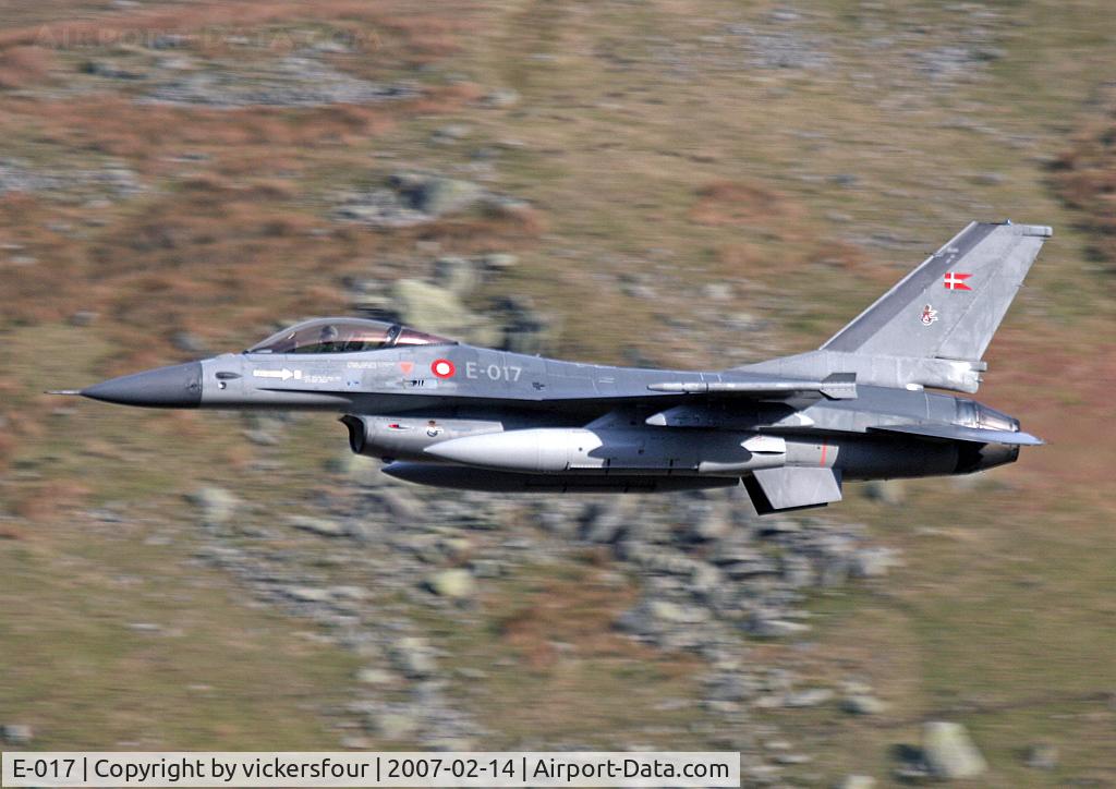 E-017, 1988 Fokker F-16AM Fighting Falcon C/N 6F-53, Royal Danish Air Force F-16AM (c/n 6F-53). Operated by Esk 727/730. Dunmail Raise, Cumbria.