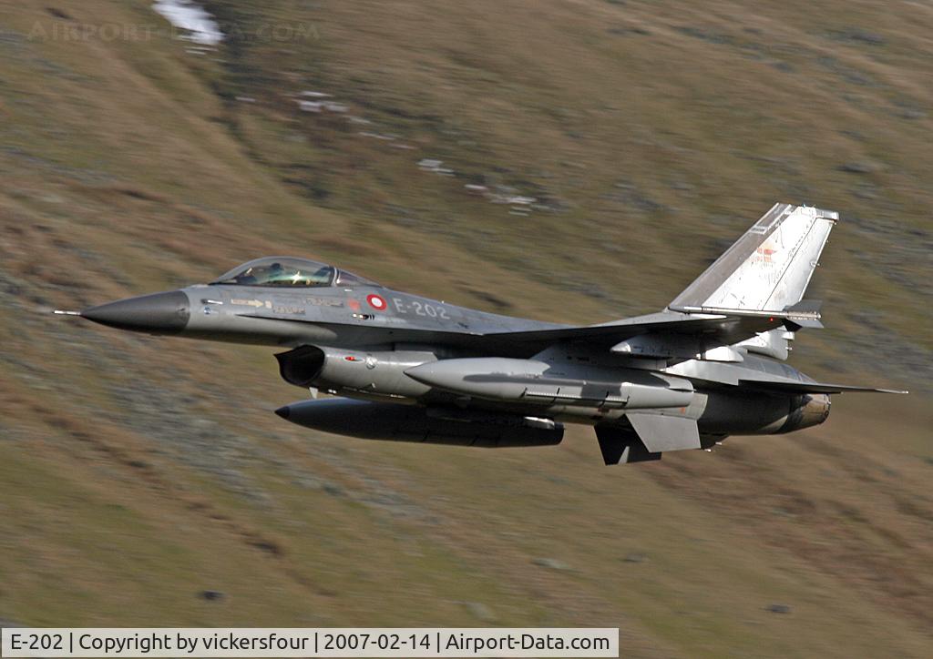 E-202, SABCA F-16A Fighting Falcon C/N 6F-29, Royal Danish Air Force. Operated by Esk 727/730. Dunmail Raise, Cumbria.