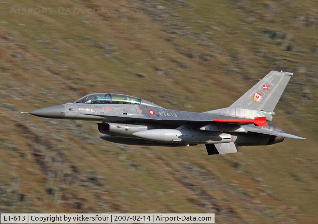 ET-613, 1980 General Dynamics F-16BM Fighting Falcon C/N 6G-10, Royal Danish Air Force F-16BM (c/n 6G-10). Operated by Esk 727/730. Dunmail Raise, Cumbria.