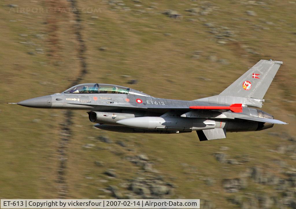 ET-613, 1980 General Dynamics F-16BM Fighting Falcon C/N 6G-10, Royal Danish Air Force F-16BM (c/n 6G-10). Operated by Esk 727/730. Dunmail Raise, Cumbria.