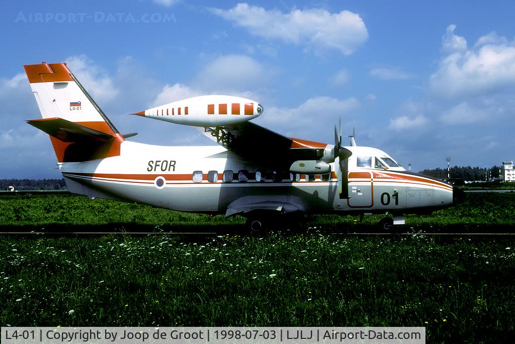 L4-01, 1991 Let L-410UVP-E Turbolet C/N 912606, After its independence Slovenia was quick to enter the international Stabilisation Force in neighbouring Balkan countries.The L410 sports the SFOR markings.