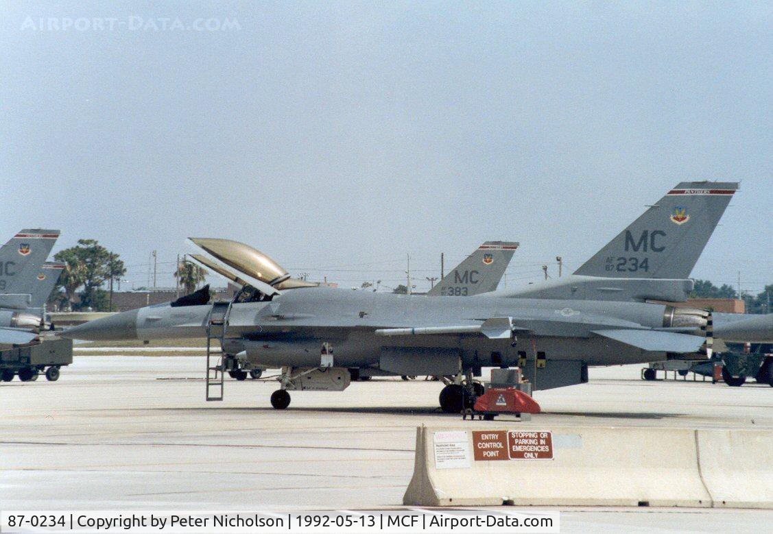 87-0234, 1987 General Dynamics F-16C Fighting Falcon C/N 5C-495, F-16C Falcon of the 63rd Fighter Squadron/56th Fighter Wing at MacDill AFB in May 1992.