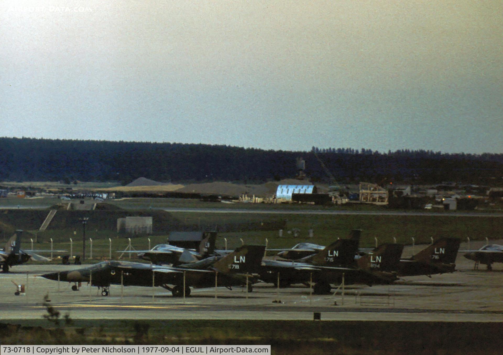 73-0718, 1973 General Dynamics F-111F Aardvark C/N E2-94, F-111F of 495th Tactical Fighter Squadron/48th Tactical Fighter Wing at RAF Lakenehath in September 1977. Sadly this aircraft and crew were lost the following month.