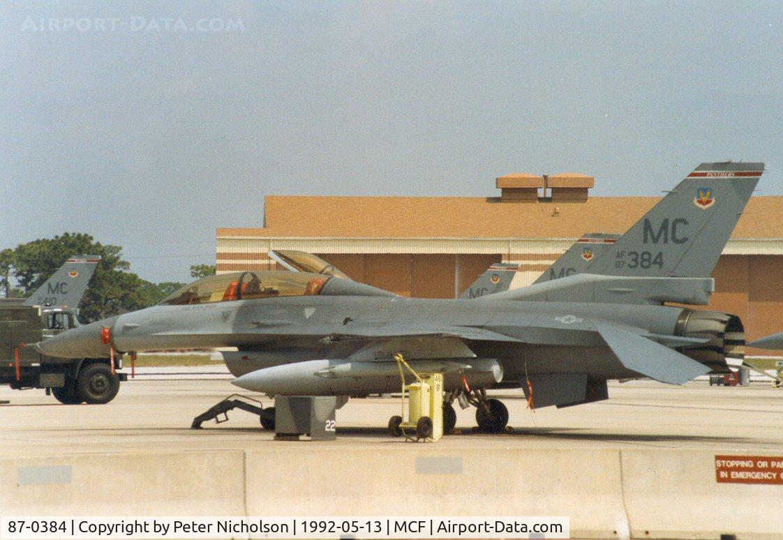 87-0384, 1987 General Dynamics F-16D Fighting Falcon C/N 5D-78, F-16D Falcon of 63rd Fighter Squadron/56th Fighter Wing at MacDill AFB in May 1992.