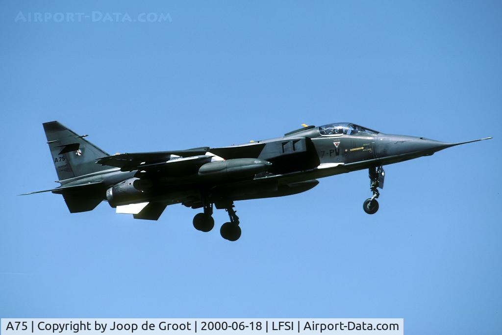 A75, Sepecat Jaguar A C/N A75, One of a great number of Jaguars that participated in the base attack during the 2000 air show at St.Dizier.