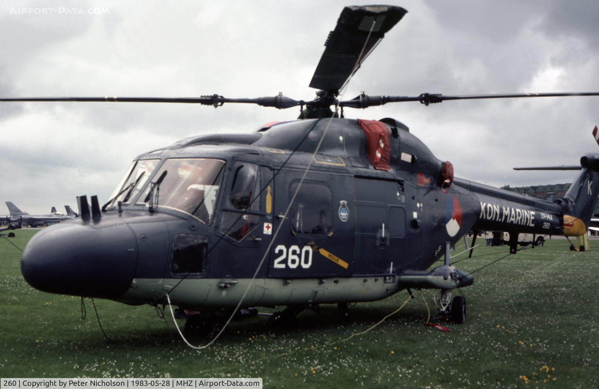 260, Westland SH-14D Lynx C/N 003, UH-14A Lynx of 7 Squadron Royal Netherlands Navy on display at the 1983 Mildenhall Air Fete.