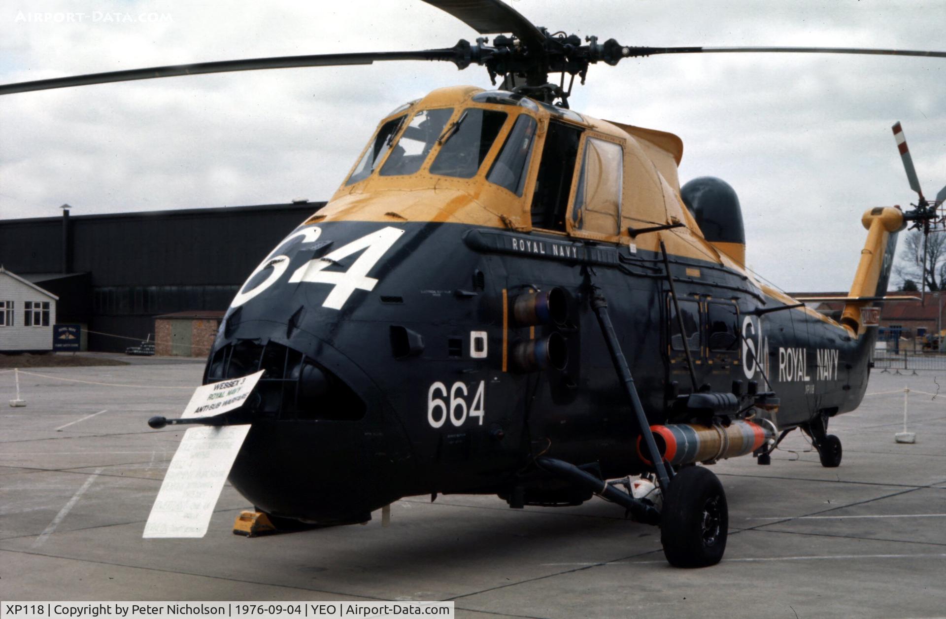 XP118, 1962 Westland Wessex HAS.3 C/N WA69, Another view of the 737 Squadron Wessex HAS.3 from RNAS Portland on display at the 1976 Yeovilton Air Day.