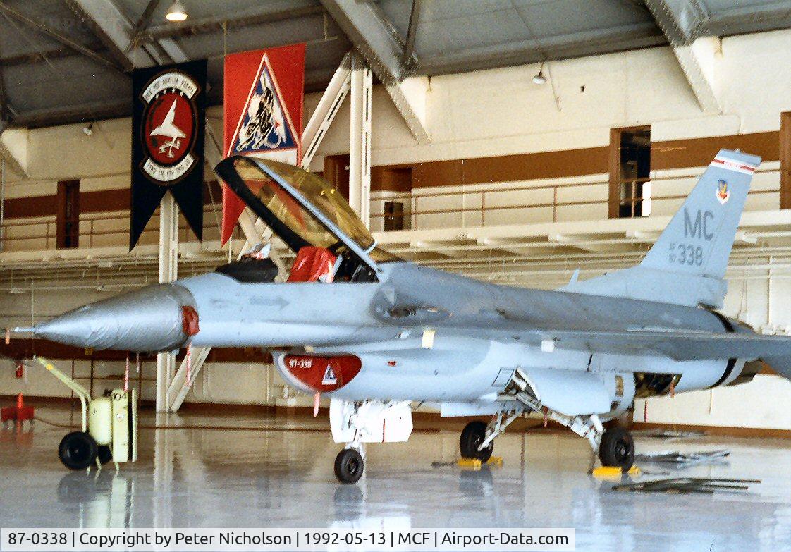 87-0338, 1987 General Dynamics F-16C Fighting Falcon C/N 5C-599, F-16C Falcon of 63rd Fighter Squadron/56th Fighter Wing at MacDill AFB in May 1992.