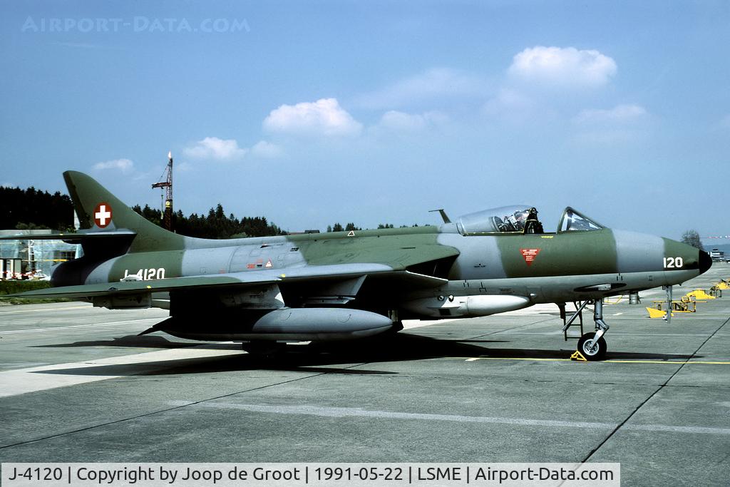 J-4120, Hawker Hunter F.58A C/N 41H-670680, The Swiss operated newly built Hunter F58 and refurbished Hunter F58A. Most Hunter F58A were scrapped in 1992, while the Hunter F58 soldiered on until late 1994. J-4120 was scrapped at Dubendorf in 1992 as well.