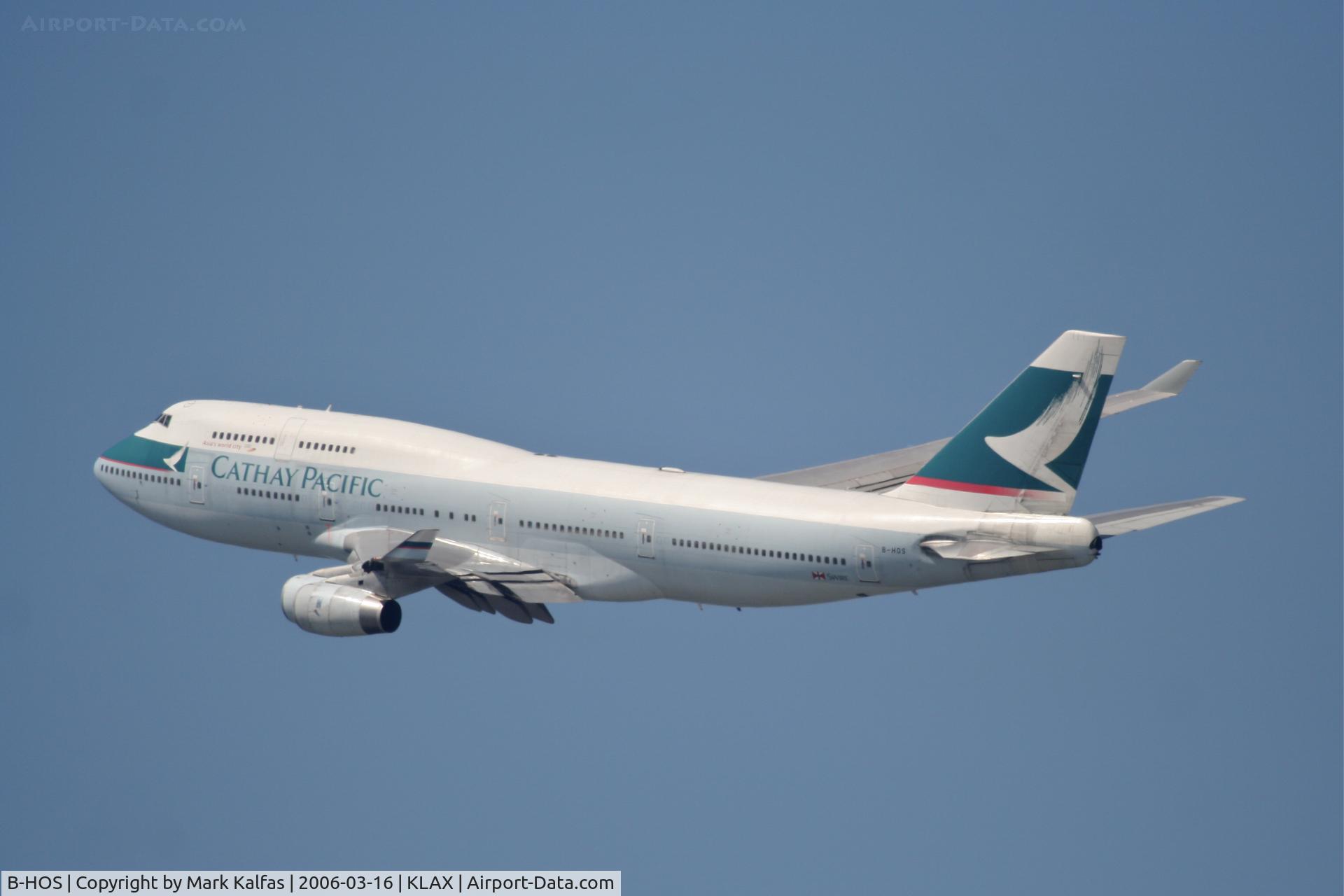 B-HOS, 1990 Boeing 747-467 C/N 24850, Cathay Pacific Boeing 747-467, 25R departure KLAX.