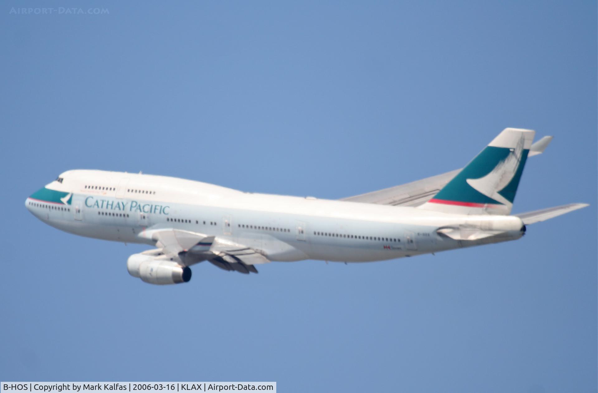 B-HOS, 1990 Boeing 747-467 C/N 24850, Cathay Pacific Boeing 747-467, 25R departure KLAX.