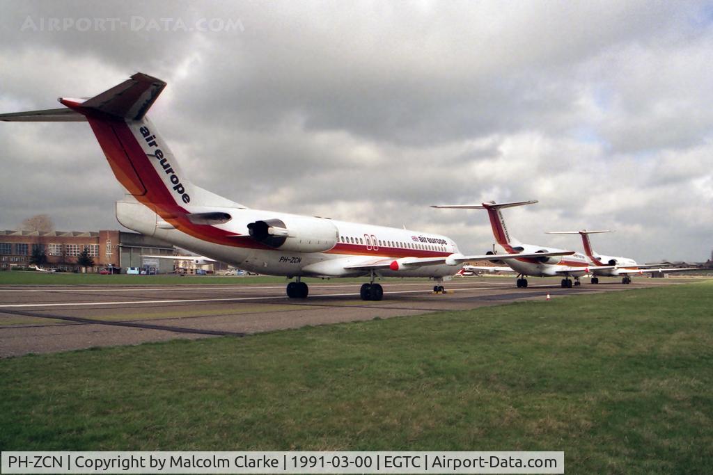PH-ZCN, 1989 Fokker 100 (F-28-0100) C/N 11279, Fokker 100 at Cranfield Airfield in 1991.