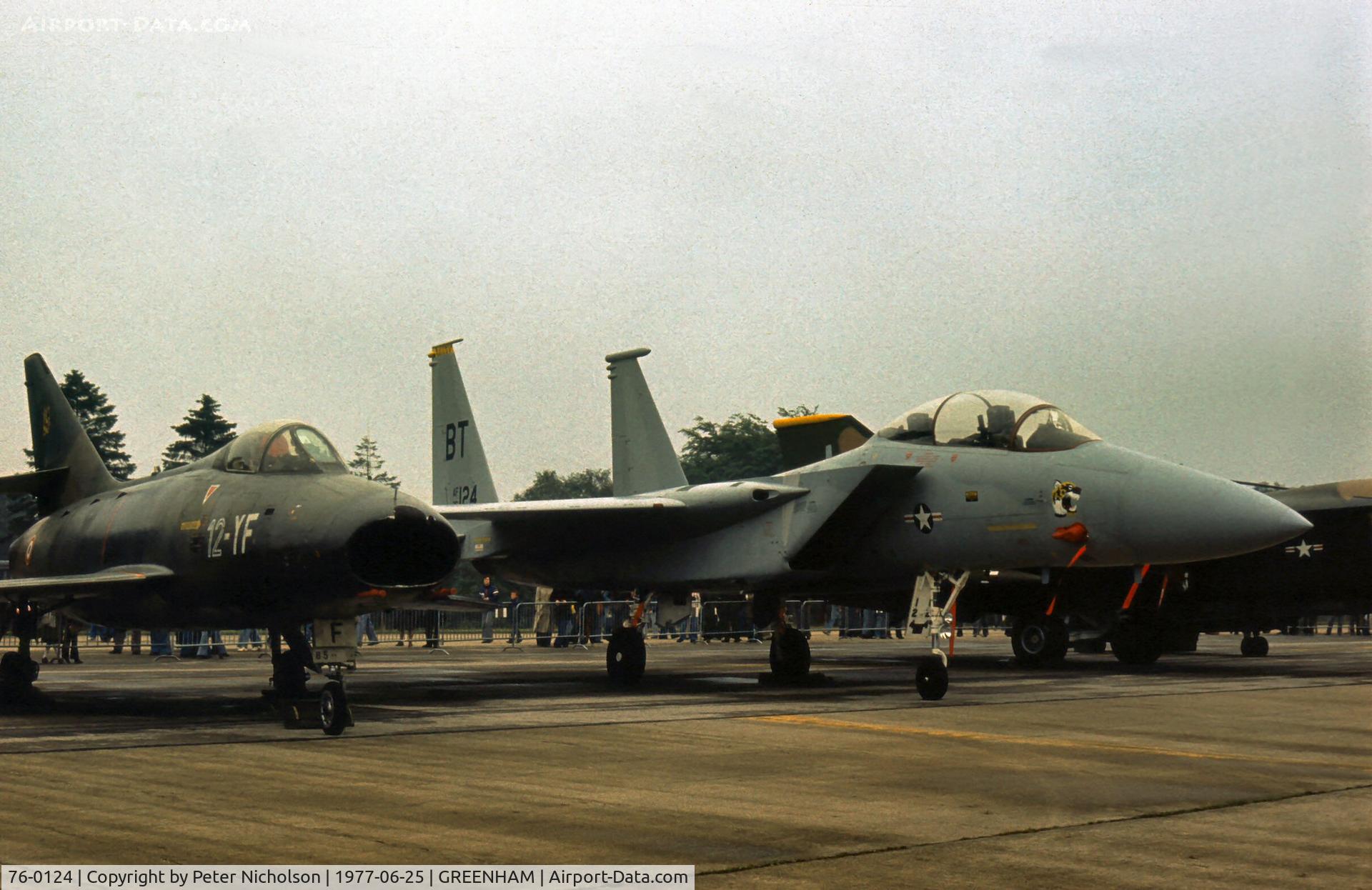 76-0124, 1976 McDonnell Douglas F-15B Eagle C/N 0185/B026, Then known as a TF-15A, this Eagle from the 53rd Tactical Fighter Squadron/36th Tactical Fighter Wing based at Bitburg was on display at the 1977 Intnl Air Tattoo at Greenham Common.