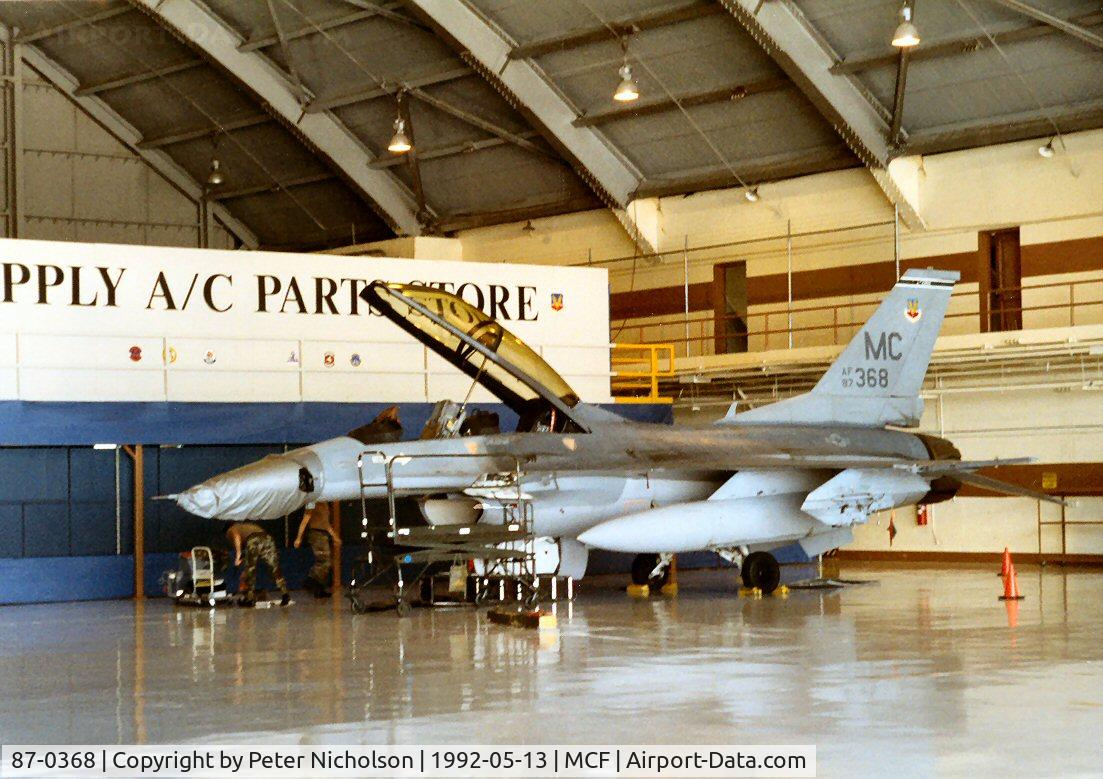 87-0368, 1987 General Dynamics F-16D Fighting Falcon C/N 5D-62, F-16D Falcon of 72nd Fighter Squadron/56th Fighter Wing at MacDill AFB in May 1992.