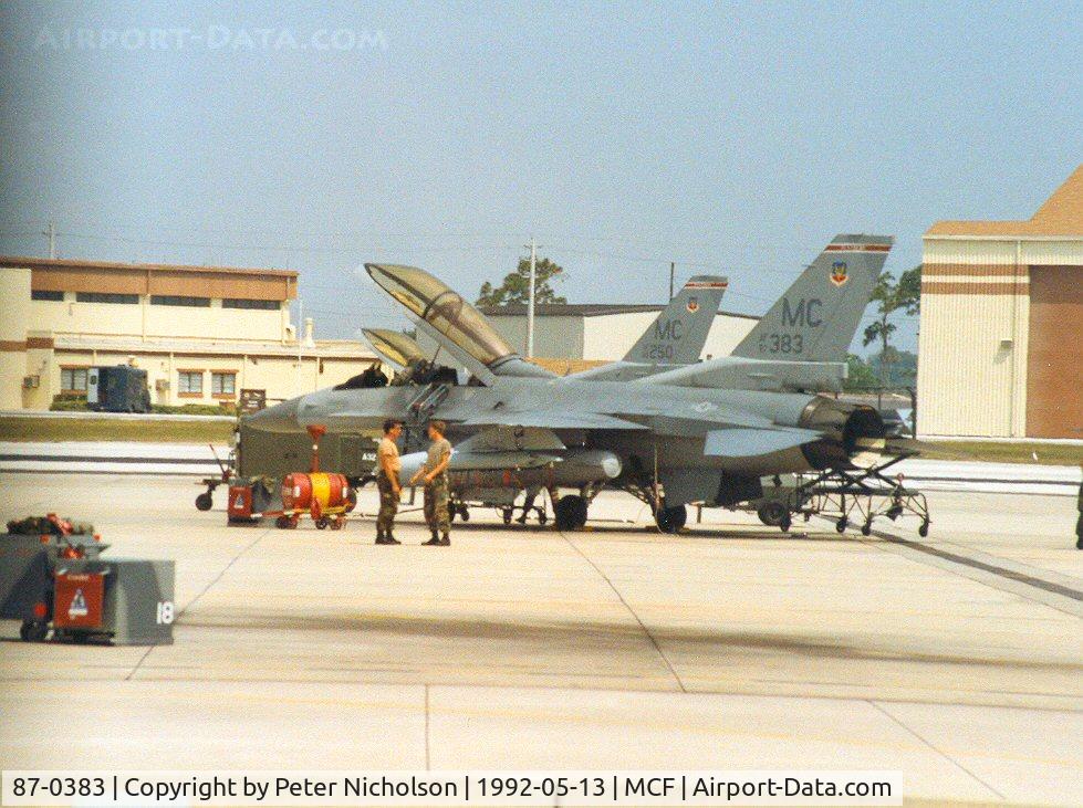 87-0383, 1987 General Dynamics F-16D Fighting Falcon C/N 5D-78, F-16D Falcon of 63rd Fighter Squadron/56th Fighter Wing at MacDill AFB in May 1992.