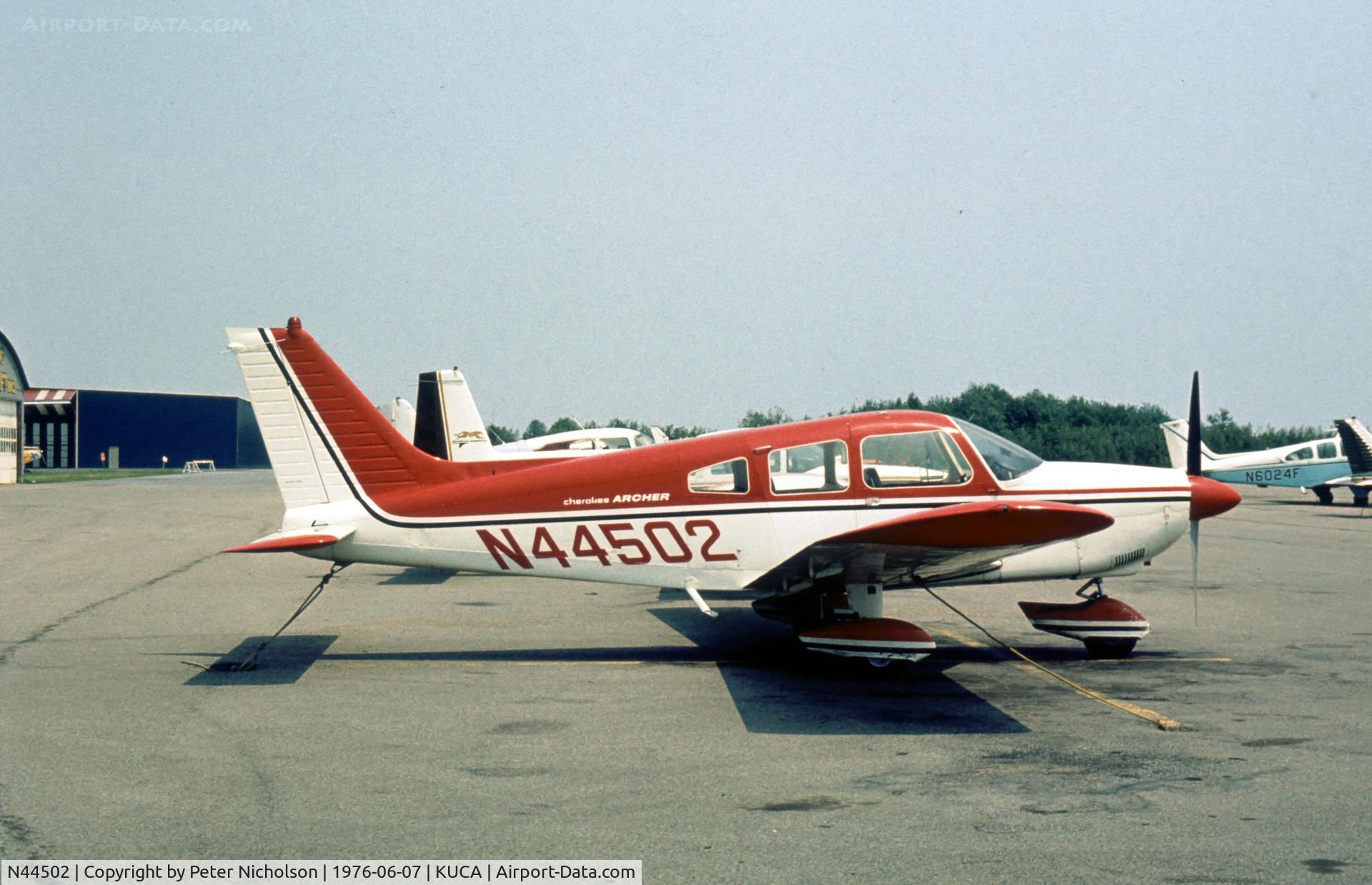 N44502, 1974 Piper PA-28-180 C/N 28-7405248, PA-28 Cherokee Archer seen at Oneida County Airport in the Summer of 1976.