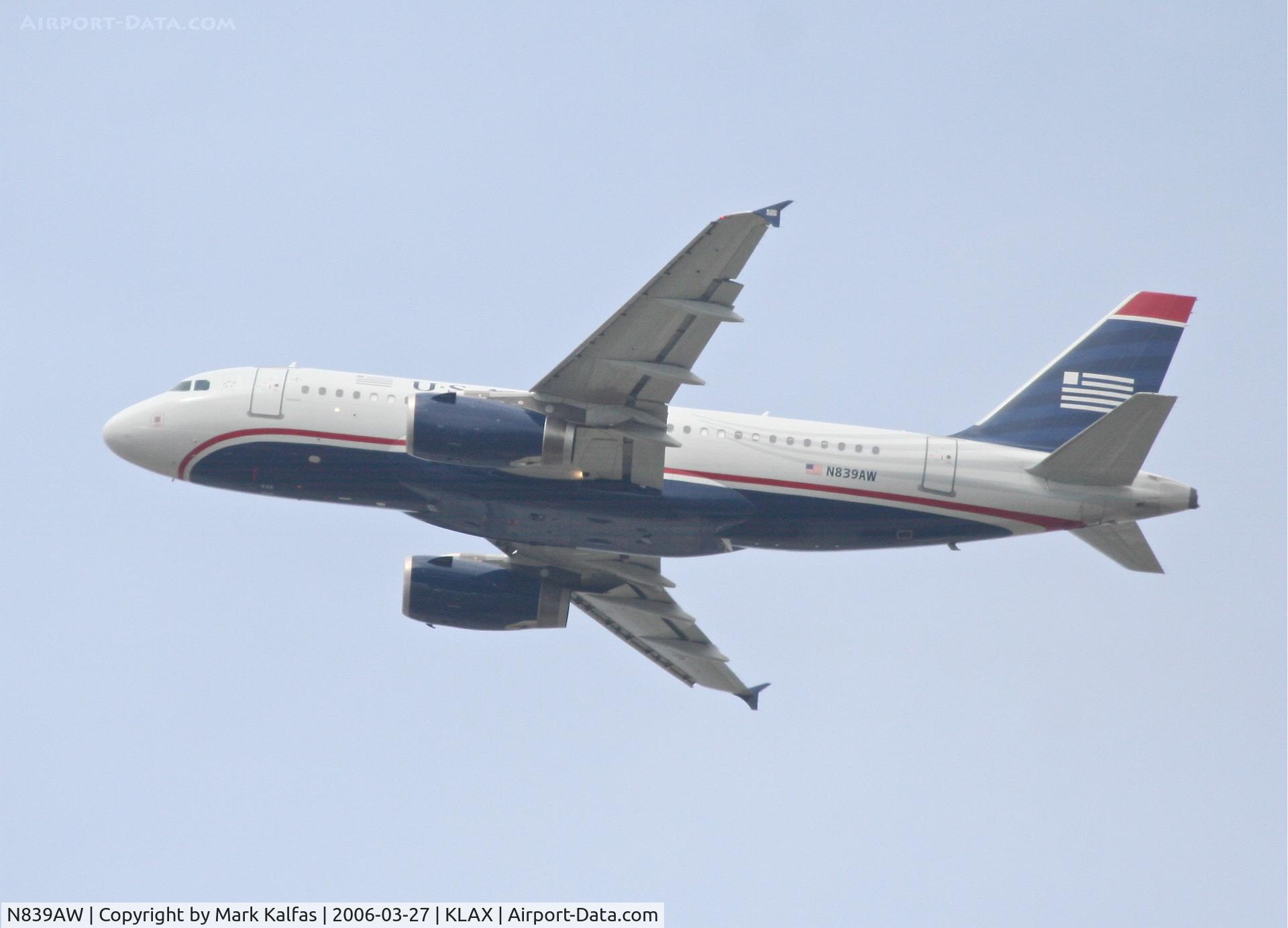 N839AW, 2006 Airbus A319-132 C/N 2669, US Airways A319-132, 25R departure KLAX.