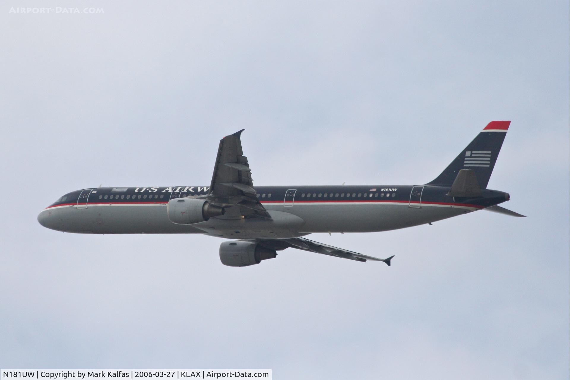 N181UW, 2001 Airbus A321-211 C/N 1531, US Airways A321-211, 25R departure KLAX.