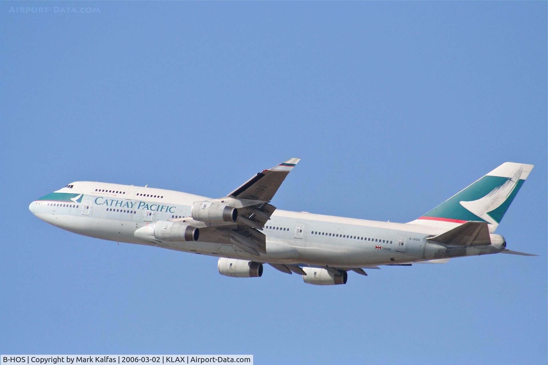 B-HOS, 1990 Boeing 747-467 C/N 24850, Cathay Pacific Boeing 747-467, 25R departure KLAX.