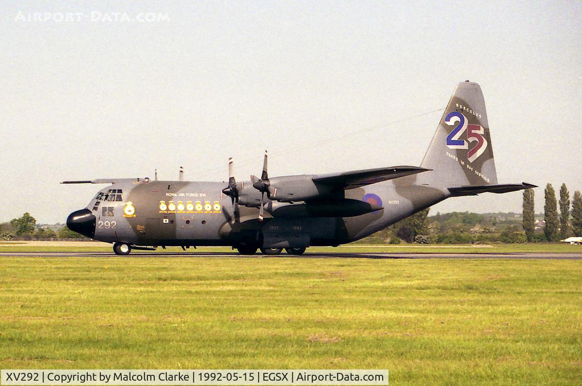 XV292, 1967 Lockheed C-130K Hercules C.1 C/N 382-4257, Lockheed C-130K Hercules C1P carrying markings to commemorate 25 years of service by Hercules in the RAF. At Airshow Europe, North Weald  in 1992.