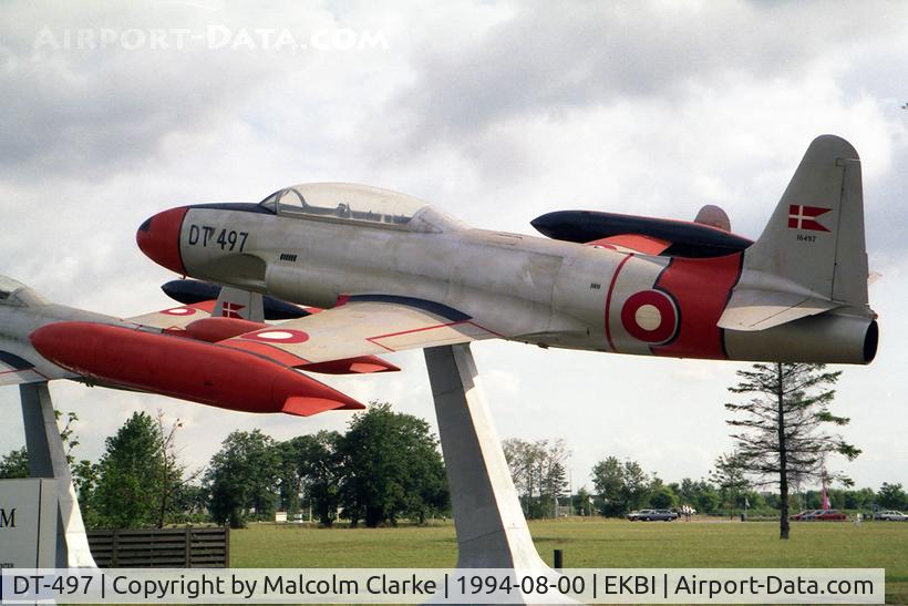 DT-497, 1951 Lockheed T-33A Shooting Star C/N 580-5829, Lockheed T33A at Mobillium, the Danish Air Museum, Billund, Denmark (now closed) in 1994. Ex USAF 51-6497.