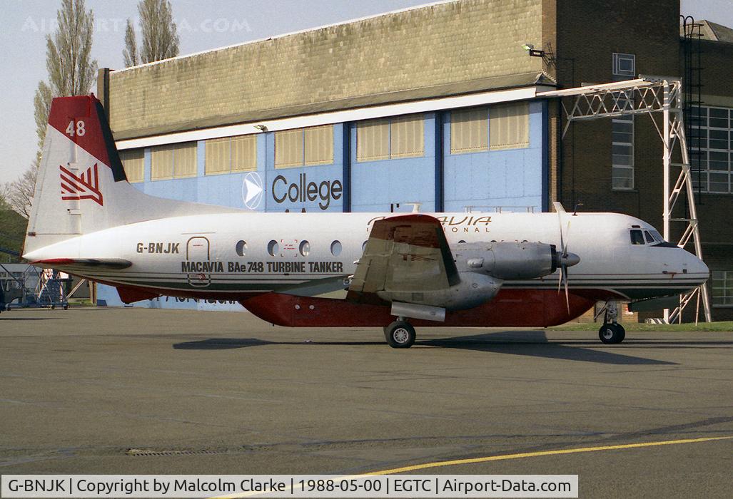 G-BNJK, 1981 Hawker Siddeley HS.748 Series 2A C/N 1594, Hawker Siddeley HS-748 Srs2/227; Macavia tanker variant at Cranfield Airport in 1988.