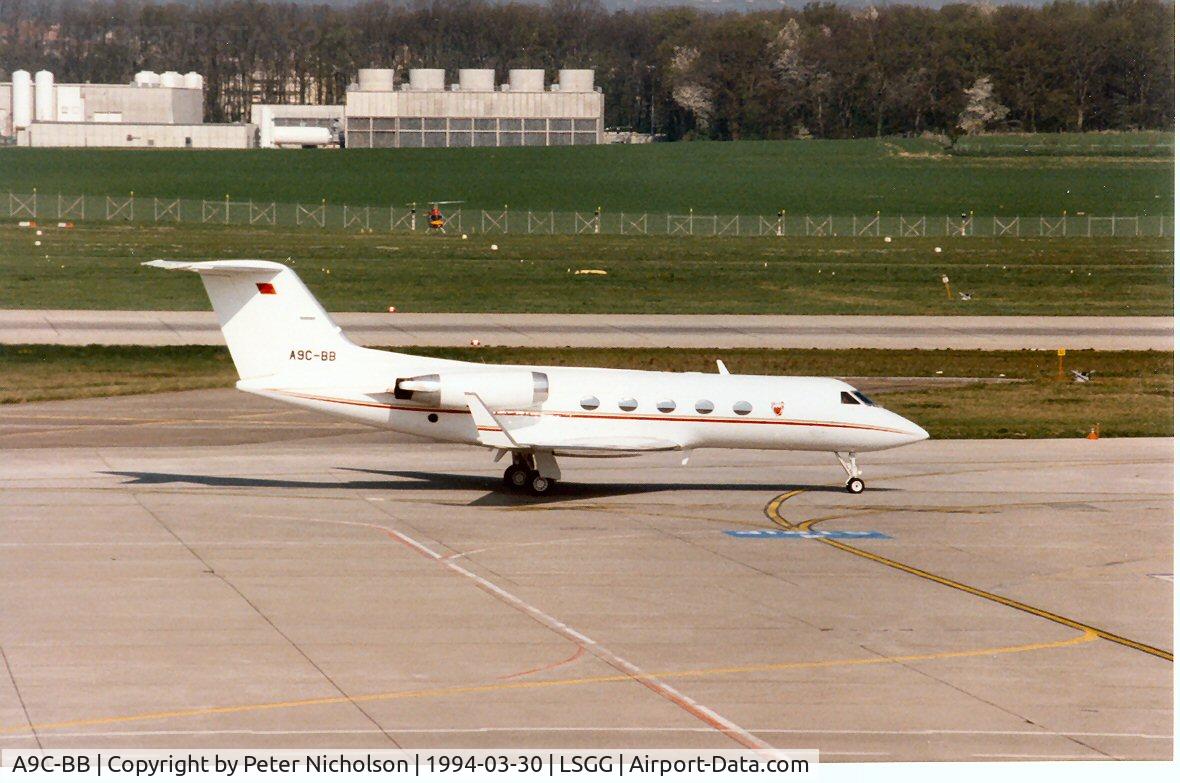 A9C-BB, 1983 Grumman G1159A Gulfstream III C/N 393, Gulfstsream II of the Govt of Bahrain at Geneva in March 1994.