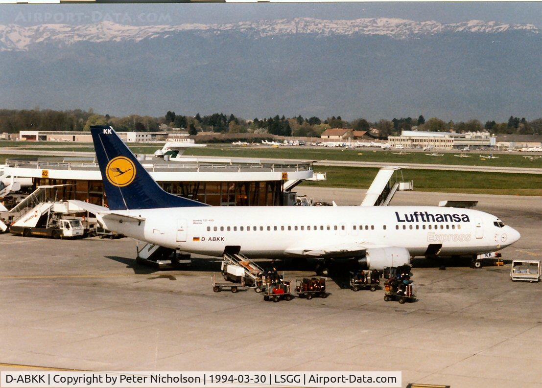 D-ABKK, 1992 Boeing 737-430 C/N 27005, Boeing 737-430 of Lufthansa Express at Geneva in March 1994.