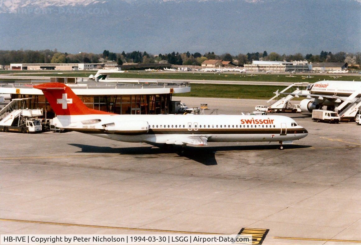 HB-IVE, 1988 Fokker 100 (F-28-0100) C/N 11253, Fokker 100 of Swissair at the terminal at Geneva in March 1994.