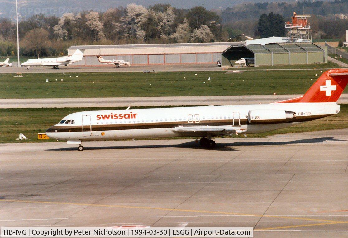 HB-IVG, 1988 Fokker 100 (F-28-0100) C/N 11255, Fokker 100 of Swissair at Geneva in March 1994.