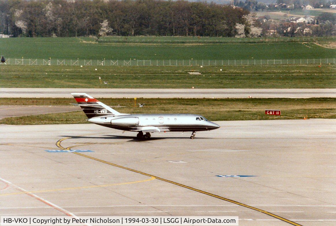 HB-VKO, Dassault Falcon (Mystere) 20F-5 C/N 257, Falcon 20F-5 of TAG Aviation at Geneva in March 1994.
