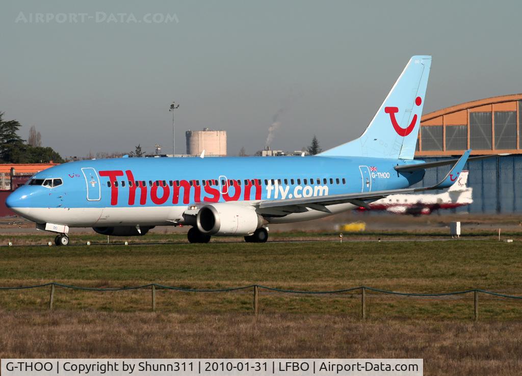 G-THOO, 1998 Boeing 737-33V C/N 29335, Lining up rwy 32R for departure... Only Thomson B733 fitted with winglets...
