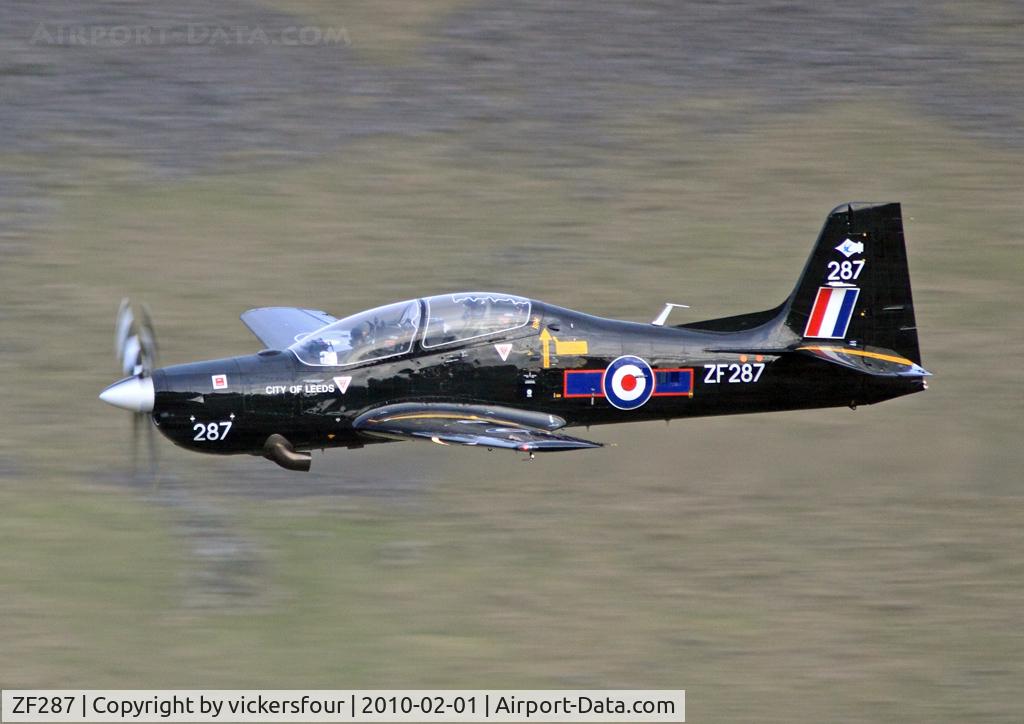ZF287, 1991 Short S-312 Tucano T1 C/N S085/T58, Royal Air Force. Operated by 72 (R) Squadron, named 'City of Leeds'. M6 Pass, Cumbria.